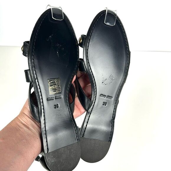 NWOB Miu Miu Prada Studded T-Strap Gladiator Sandal Black Leather 38 US 8 - Picture 10 of 13